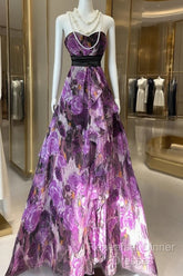 Vintage A Line Sleeveless Long Floral Chiffon Evening Dress Semi Formal Prom Dresses